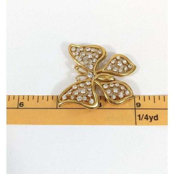 Butterfly Shaped Brooch White Rhinestones Gold Toned - Signed Monet - Picture 3 of 6